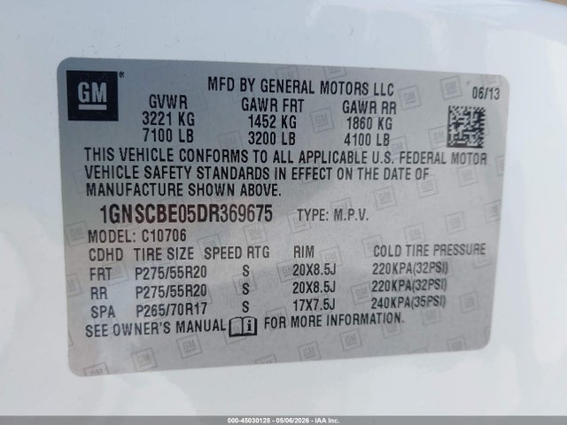 Aukcja sprzedaży 2013 Chevrolet Tahoe Lt, vin: 1GNSCBE05DR369675, numer aukcji: 45030128