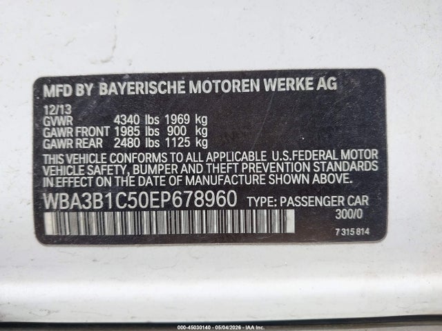 2014 Bmw 320i მანქანა იყიდება აუქციონზე, vin: WBA3B1C50EP678960, აუქციონის ნომერი: 45030140