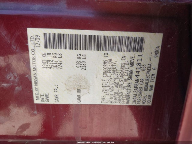 2010 Nissan Altima 2.5 S მანქანა იყიდება აუქციონზე, vin: 1N4AL2AP8AN441811, აუქციონის ნომერი: 45030141