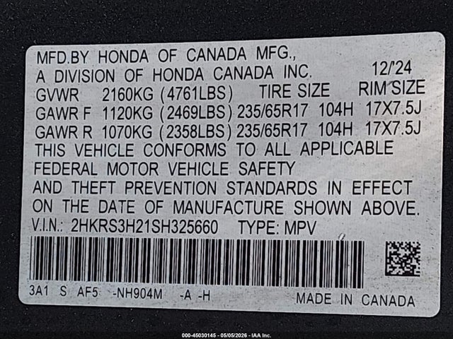 2HKRS3H21SH325660 Honda Cr-v Lx 2wd