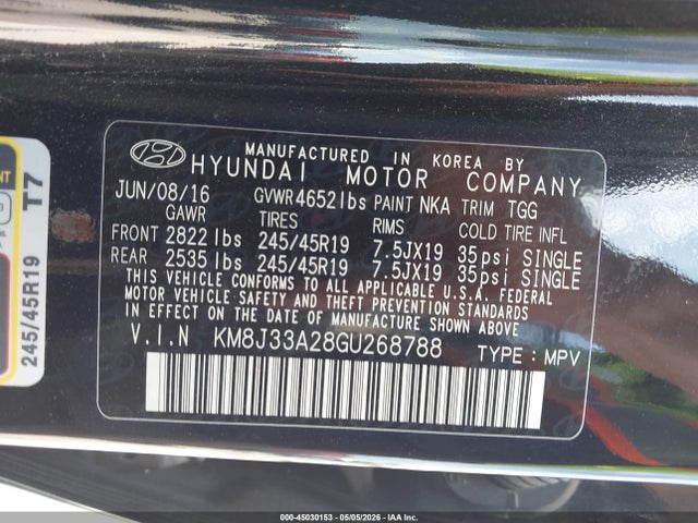 2016 Hyundai Tucson Sport მანქანა იყიდება აუქციონზე, vin: KM8J33A28GU268788, აუქციონის ნომერი: 45030153