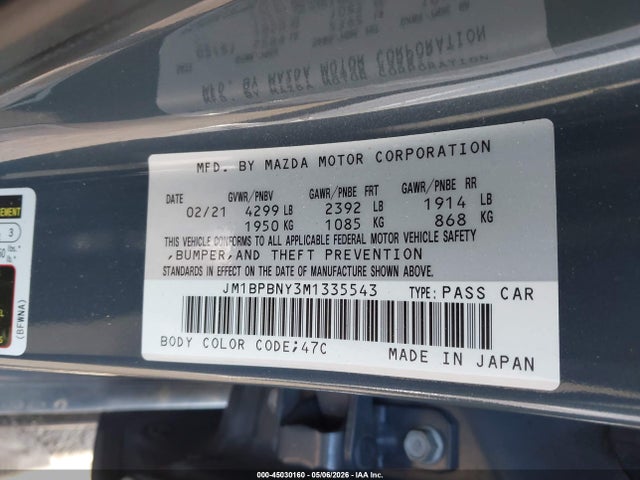 2021 Mazda Mazda3 2.5 Turbo Premium Plus მანქანა იყიდება აუქციონზე, vin: JM1BPBNY3M1335543, აუქციონის ნომერი: 45030160