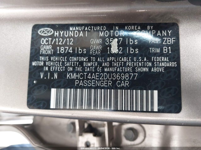 Aukcja sprzedaży 2013 Hyundai Accent Gls, vin: KMHCT4AE2DU369877, numer aukcji: 45030171