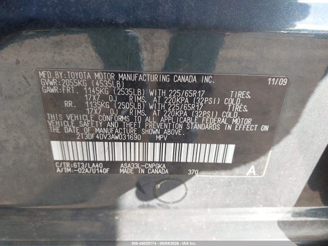 45030174 :رقم المزاد ، 2T3DF4DV3AW031690 vin ، 2010 Toyota Rav4 Limited مزاد بيع