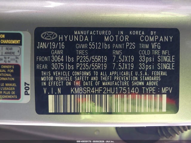2017 Hyundai Santa Fe Limited Ultimate მანქანა იყიდება აუქციონზე, vin: KM8SR4HF2HU175140, აუქციონის ნომერი: 45030178