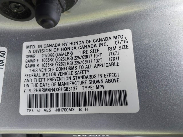 45030180 :رقم المزاد ، 2HKRM4H4XGH683137 vin ، 2016 Honda Cr-v Se مزاد بيع