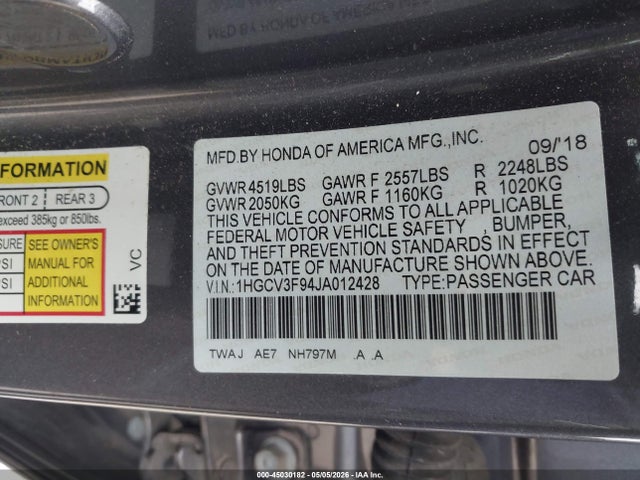 Продажа на аукционе авто 2018 Honda Accord Hybrid Touring, vin: 1HGCV3F94JA012428, номер лота: 45030182
