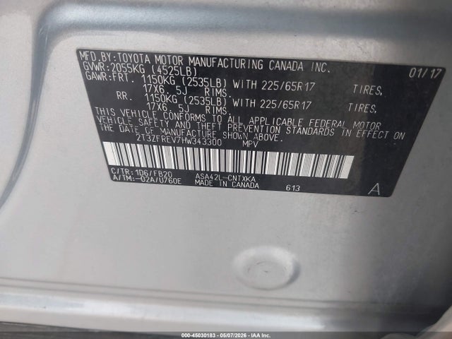 Auction sale of the 2017 Toyota Rav4 Le, vin: 2T3ZFREV7HW343300, lot number: 45030183