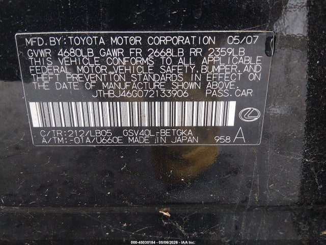 2007 Lexus Es 350 მანქანა იყიდება აუქციონზე, vin: JTHBJ46G072133906, აუქციონის ნომერი: 45030184