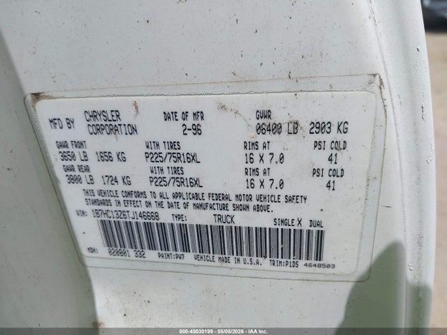 1996 Dodge Ram 1500 მანქანა იყიდება აუქციონზე, vin: 1B7HC13Z6TJ146668, აუქციონის ნომერი: 45030199