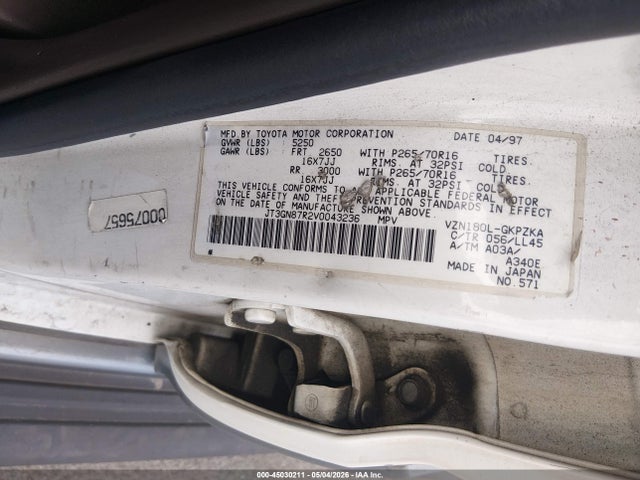 1997 Toyota 4runner Sr5 V6 Limited მანქანა იყიდება აუქციონზე, vin: JT3GN87R2V0043236, აუქციონის ნომერი: 45030211