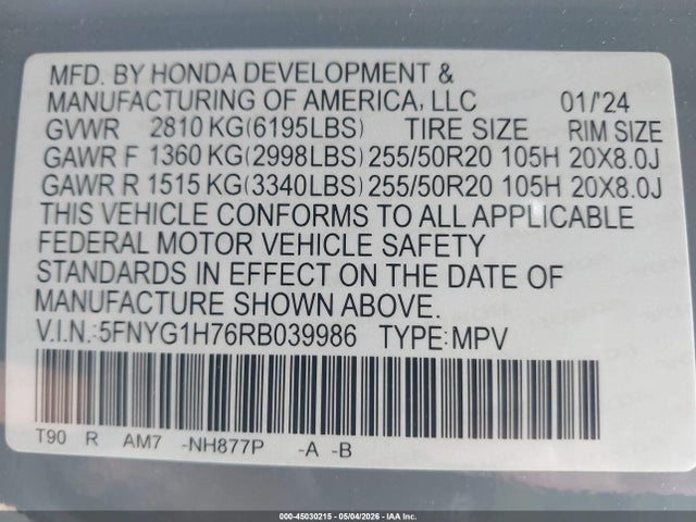 Honda Pilot Touring 2024 5FNYG1H76RB039986 Image 9
