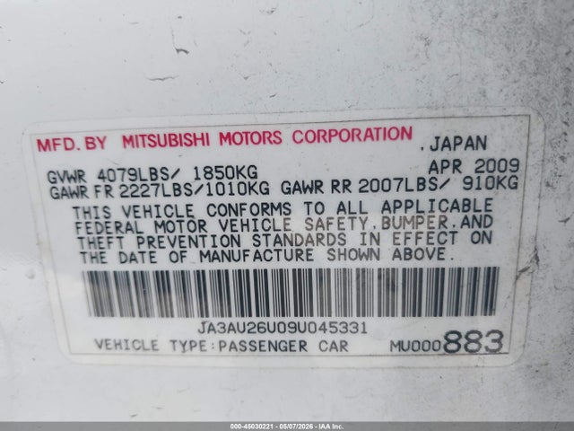 Aukcja sprzedaży 2009 Mitsubishi Lancer Es/es-sport, vin: JA3AU26U09U045331, numer aukcji: 45030221