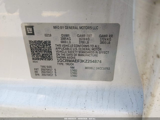 45030225 :رقم المزاد ، 1GCRWAEF3KZ254874 vin ، 2019 Chevrolet Silverado 1500 Work Truck مزاد بيع