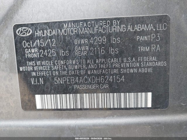 Aukcja sprzedaży 2013 Hyundai Sonata Gls, vin: 5NPEB4ACXDH624154, numer aukcji: 45030228