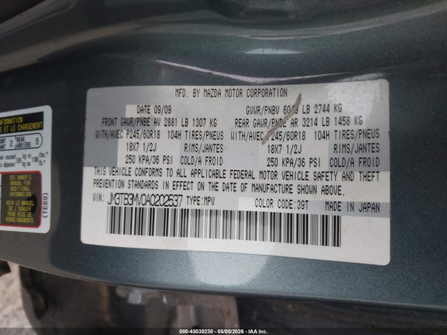 Aukcja sprzedaży 2010 Mazda Cx-9 Touring, vin: JM3TB3MV0A0202537, numer aukcji: 45030230