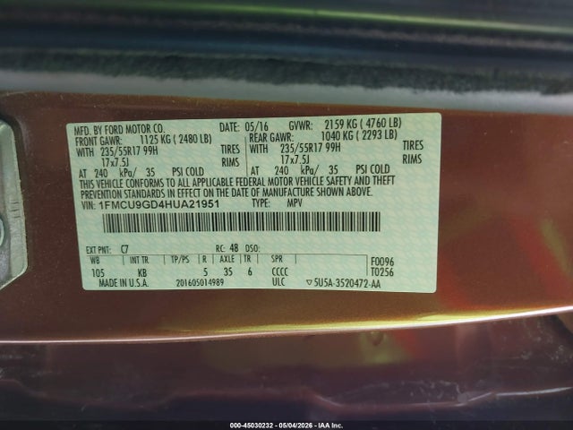 2017 Ford Escape Se მანქანა იყიდება აუქციონზე, vin: 1FMCU9GD4HUA21951, აუქციონის ნომერი: 45030232