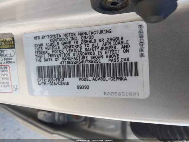 Продаж на аукціоні авто 2004 Toyota Camry Le, vin: 4T1BE32K64U789291, номер лоту: 45030240