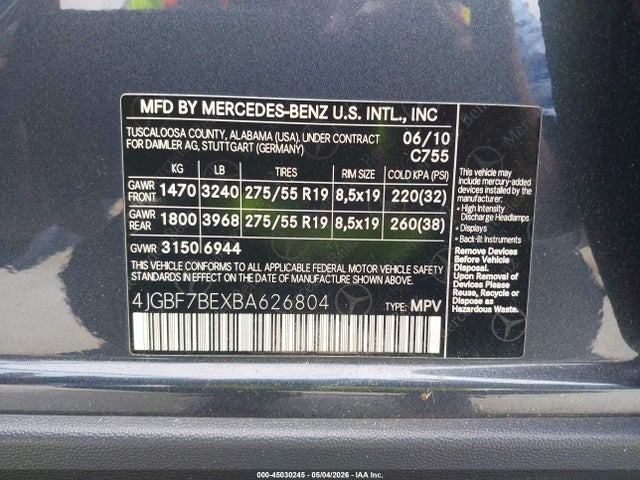 45030245 :رقم المزاد ، 4JGBF7BEXBA626804 vin ، 2011 Mercedes-benz Gl 450 4matic مزاد بيع