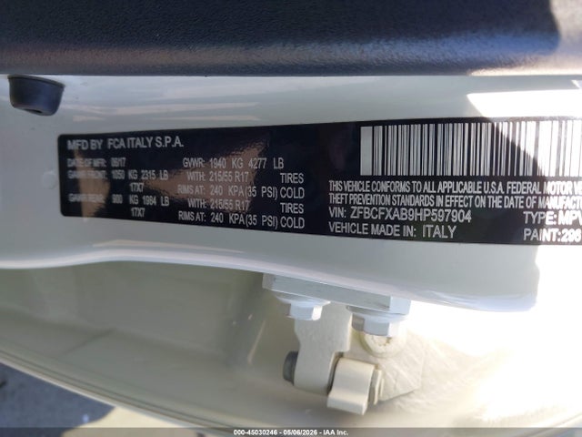 Продажа на аукционе авто 2017 Fiat 500x Pop Fwd, vin: ZFBCFXAB9HP597904, номер лота: 45030246
