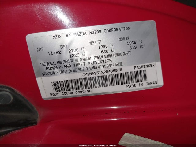 Продаж на аукціоні авто 1993 Mazda Mx-5 Miata, vin: JM1NA351XP0405878, номер лоту: 45030265