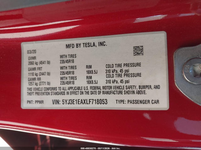 Продажа на аукционе авто 2020 Tesla Model 3 Standard Range Plus Rear-wheel Drive/standard Range Rear-wheel Drive, vin: 5YJ3E1EAXLF718053, номер лота: 45030270