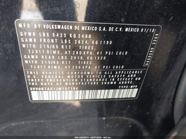 Aukcja sprzedaży 2018 Volkswagen Tiguan 2.0t S, vin: 3VV0B7AX1JM107184, numer aukcji: 45030274