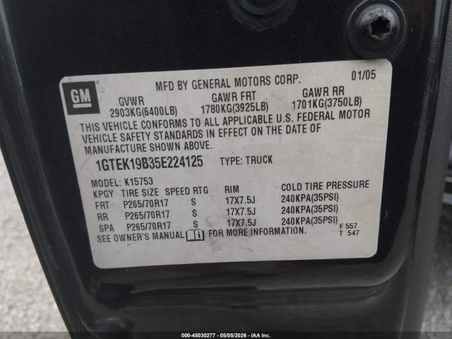 45030277 :رقم المزاد ، 1GTEK19B35E224125 vin ، 2005 Gmc Sierra 1500 Slt مزاد بيع