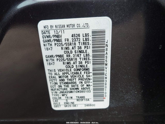 Продаж на аукціоні авто 2012 Nissan Rogue Sv W/sl Pkg, vin: JN8AS5MV1CW380103, номер лоту: 45030283