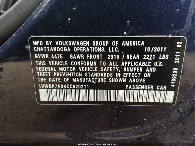 Продаж на аукціоні авто 2012 Volkswagen Passat 2.5l Se, vin: 1VWBP7A34CC020211, номер лоту: 45030290