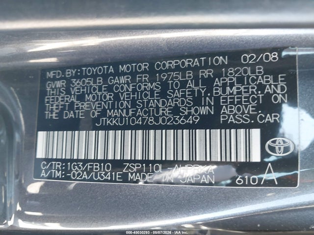 45030293 :رقم المزاد ، JTKKU10478J023649 vin ، 2008 Scion Xd مزاد بيع