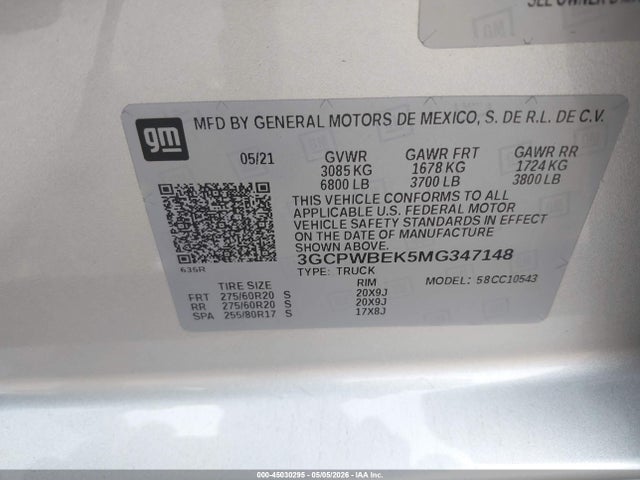 45030295 :رقم المزاد ، 3GCPWBEK5MG347148 vin ، 2021 Chevrolet Silverado 1500 2wd  Short Bed Custom مزاد بيع