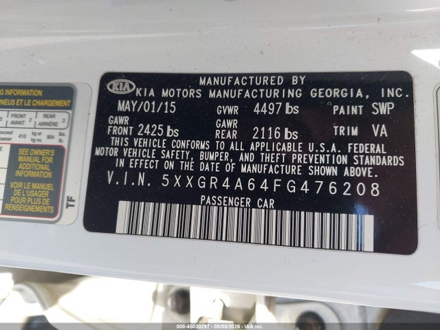 2015 Kia Optima Sxl Turbo მანქანა იყიდება აუქციონზე, vin: 5XXGR4A64FG476208, აუქციონის ნომერი: 45030297