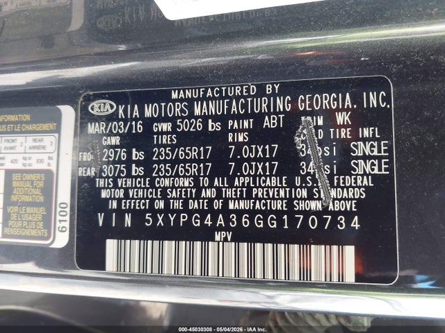 Aukcja sprzedaży 2016 Kia Sorento 2.4l Lx, vin: 5XYPG4A36GG170734, numer aukcji: 45030308