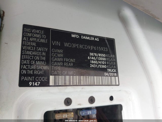 Продажа на аукционе авто 2018 Mercedes-benz Sprinter 2500 High Roof V6, vin: WD3PE8CD9JP615923, номер лота: 45030316