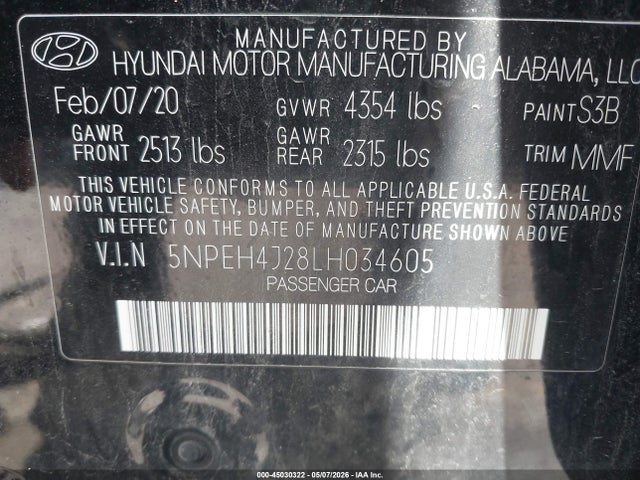 45030322 :رقم المزاد ، 5NPEH4J28LH034605 vin ، 2020 Hyundai Sonata Limited مزاد بيع