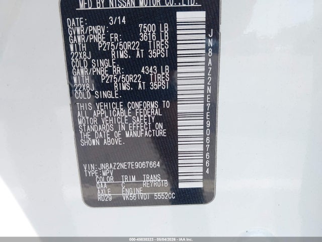 Auction sale of the 2014 Infiniti Qx80, vin: JN8AZ2NE7E9067664, lot number: 45030323