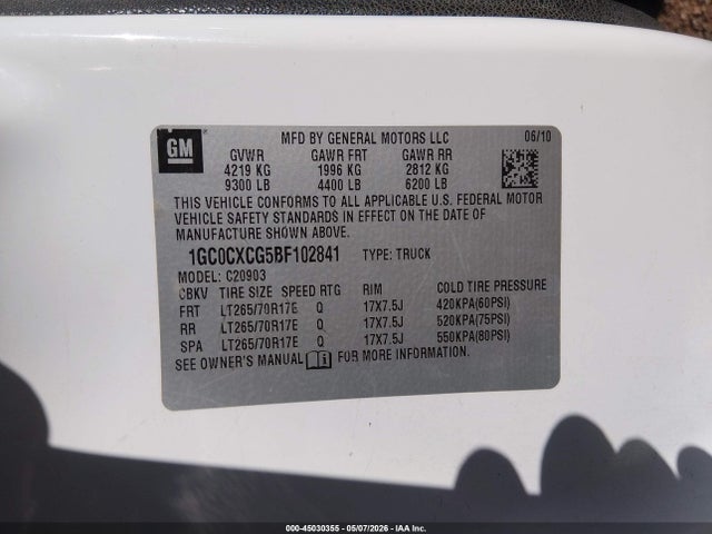 2011 Chevrolet Silverado 2500hd Lt მანქანა იყიდება აუქციონზე, vin: 1GC0CXCG5BF102841, აუქციონის ნომერი: 45030355