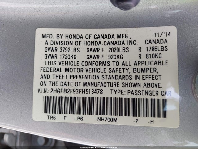 2HGFB2F93FH513478 Honda Civic Ex-l
