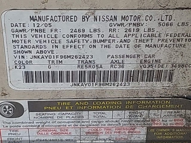 2006 Infiniti M35x მანქანა იყიდება აუქციონზე, vin: JNKAY01F96M262423, აუქციონის ნომერი: 45030402