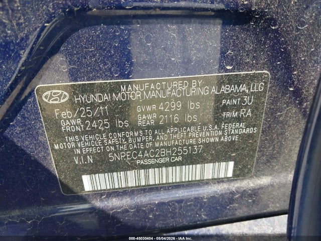 2011 Hyundai Sonata Se მანქანა იყიდება აუქციონზე, vin: 5NPEC4AC2BH255137, აუქციონის ნომერი: 45030404
