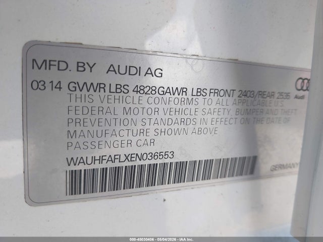 2014 Audi A4 2.0t Premium მანქანა იყიდება აუქციონზე, vin: WAUHFAFLXEN036553, აუქციონის ნომერი: 45030406