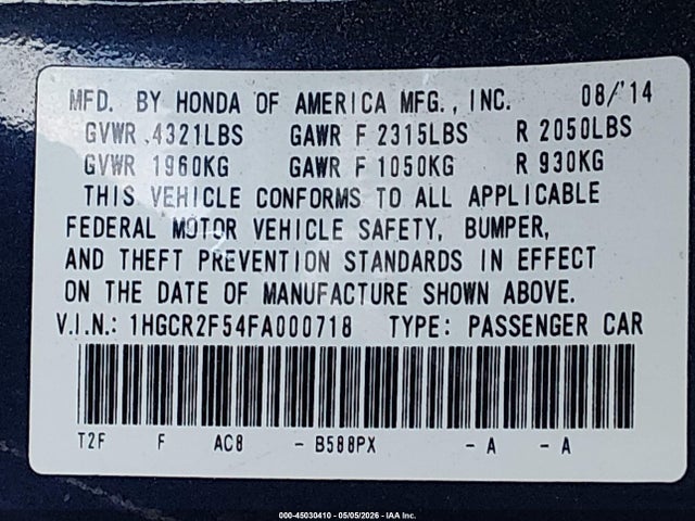 1HGCR2F54FA000718 Honda Accord Sport