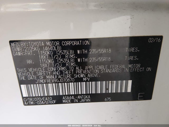 Toyota Rav4 Limited 2016 JTMDFREV9GJ070870 Image 9