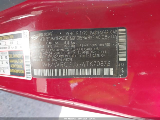 Продажа на аукционе авто 2006 Mini Cooper, vin: WMWRC33596TK70873, номер лота: 45030423