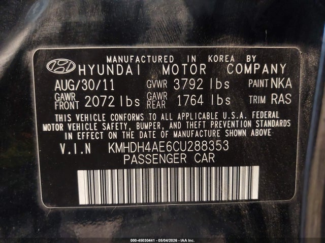 2012 Hyundai Elantra Limited (ulsan Plant) მანქანა იყიდება აუქციონზე, vin: KMHDH4AE6CU288353, აუქციონის ნომერი: 45030441