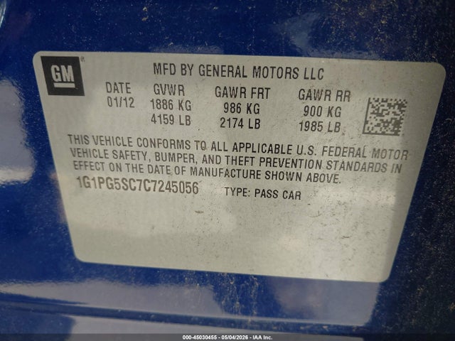 Auction sale of the 2012 Chevrolet Cruze 2lt, vin: 1G1PG5SC7C7245056, lot number: 45030455