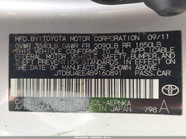 Aukcja sprzedaży 2011 Toyota Corolla Le, vin: JTDBU4EE4B9160891, numer aukcji: 45030461
