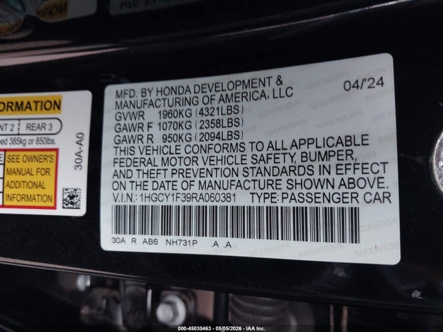 Honda ACCORD EX 2024 1HGCY1F39RA060381 Image 9