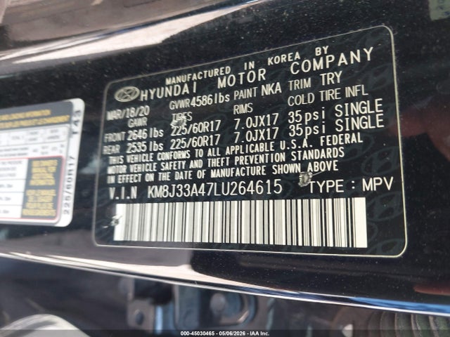 Auction sale of the 2020 Hyundai Tucson Value, vin: KM8J33A47LU264615, lot number: 45030465